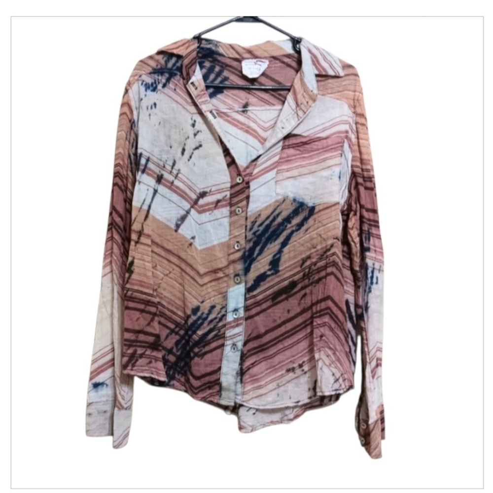 Galadriel Mattei Tan Burgundy White Stripe Cotton Button Front Shirt Top